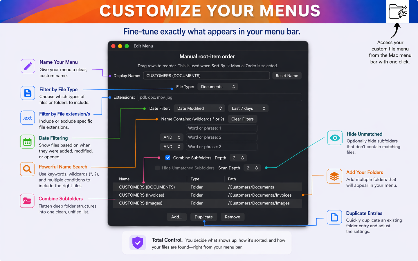 FolderyMenu™️ customize menus screen with callouts for naming, filters, folders, and duplicate entries