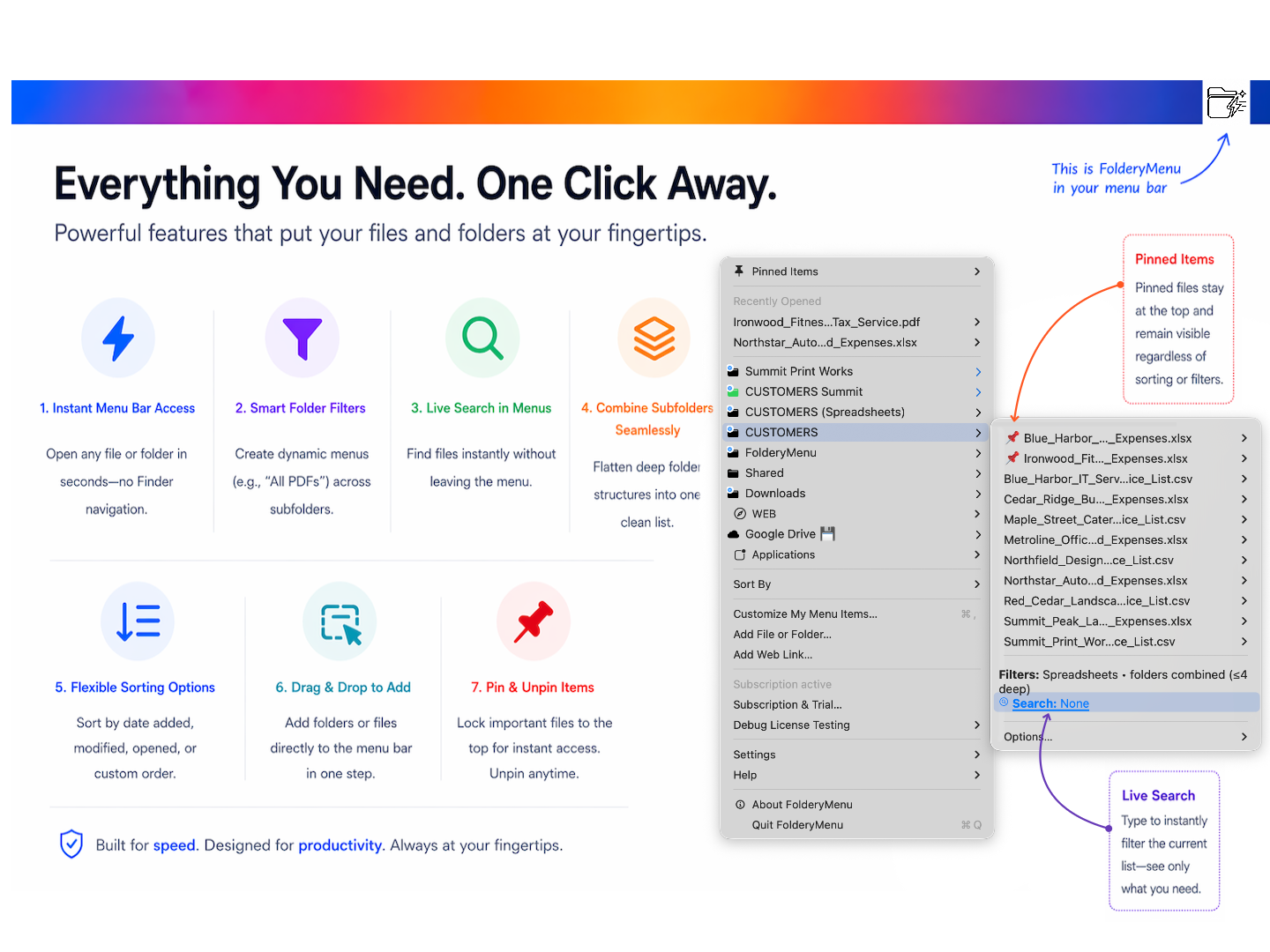 FolderyMenu feature overview showing one-click menu bar access, smart filters, live search, combined subfolders, sorting, drag and drop, and pinned items